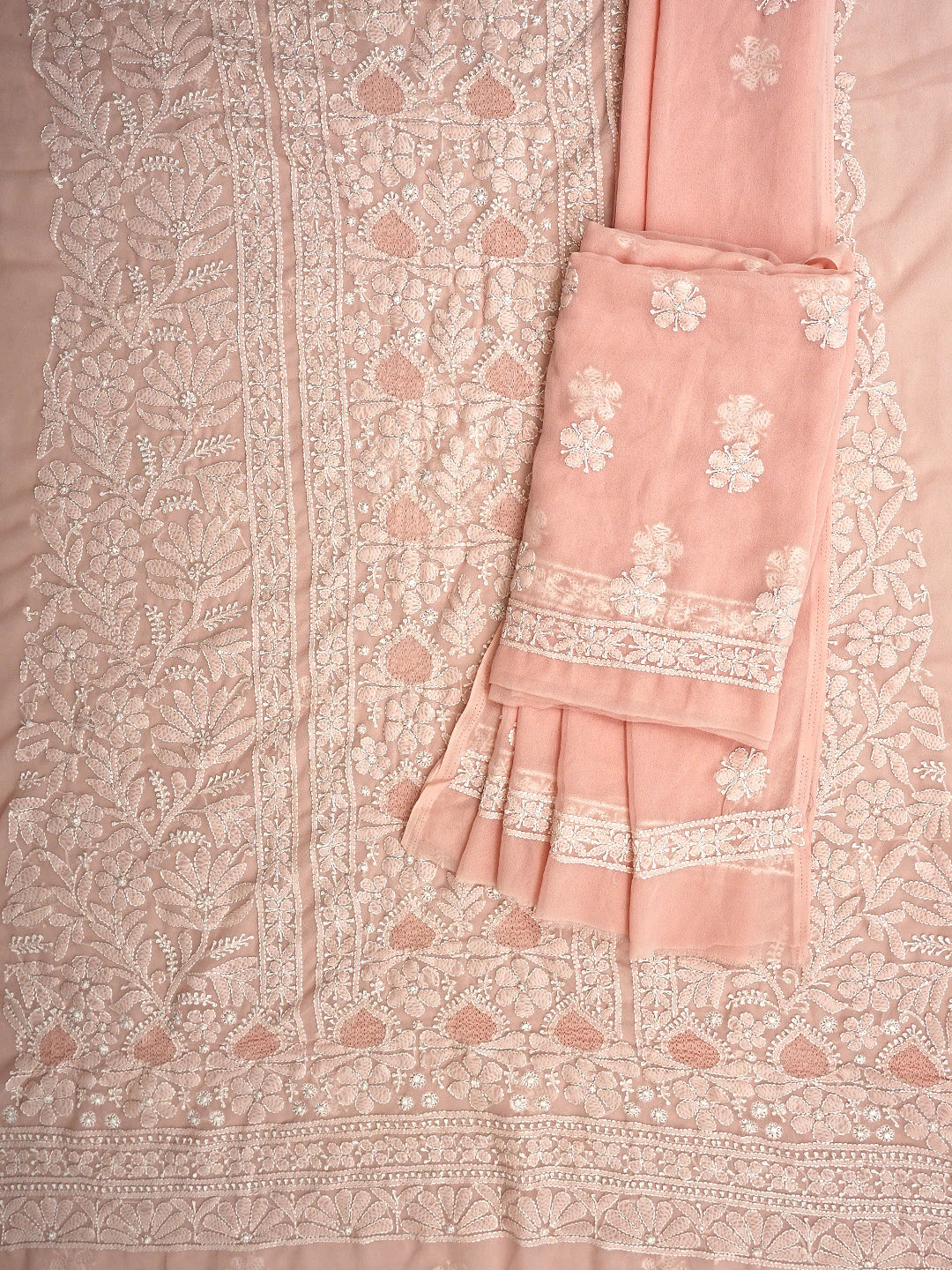 Ada Hand Embroidered Blushing Peach Georgette Lucknowi Chikankari Unstitched Suit Piece 01A835380