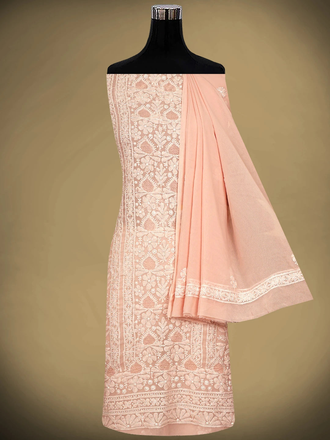 Ada Hand Embroidered Blushing Peach Georgette Lucknowi Chikankari Unstitched Suit Piece 01A835380