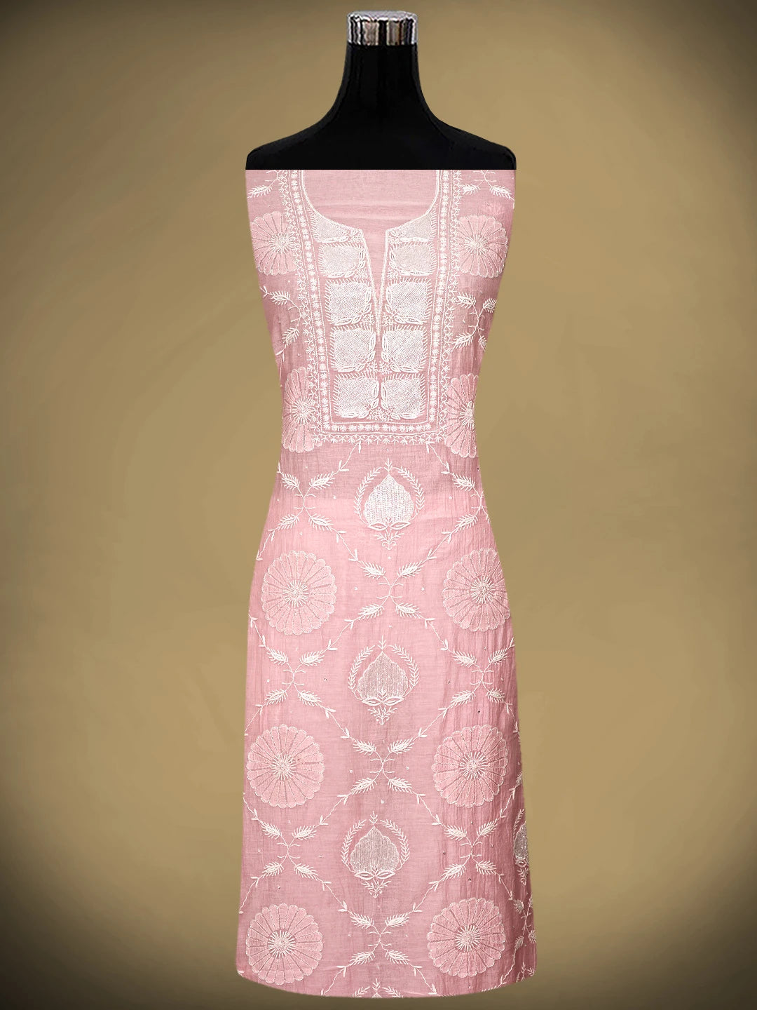 Ada Hand Embroidered Pink Chanderi Lucknowi Chikankari Unstitched Kurta Dupatta Set With Cutdana Work 01A922100