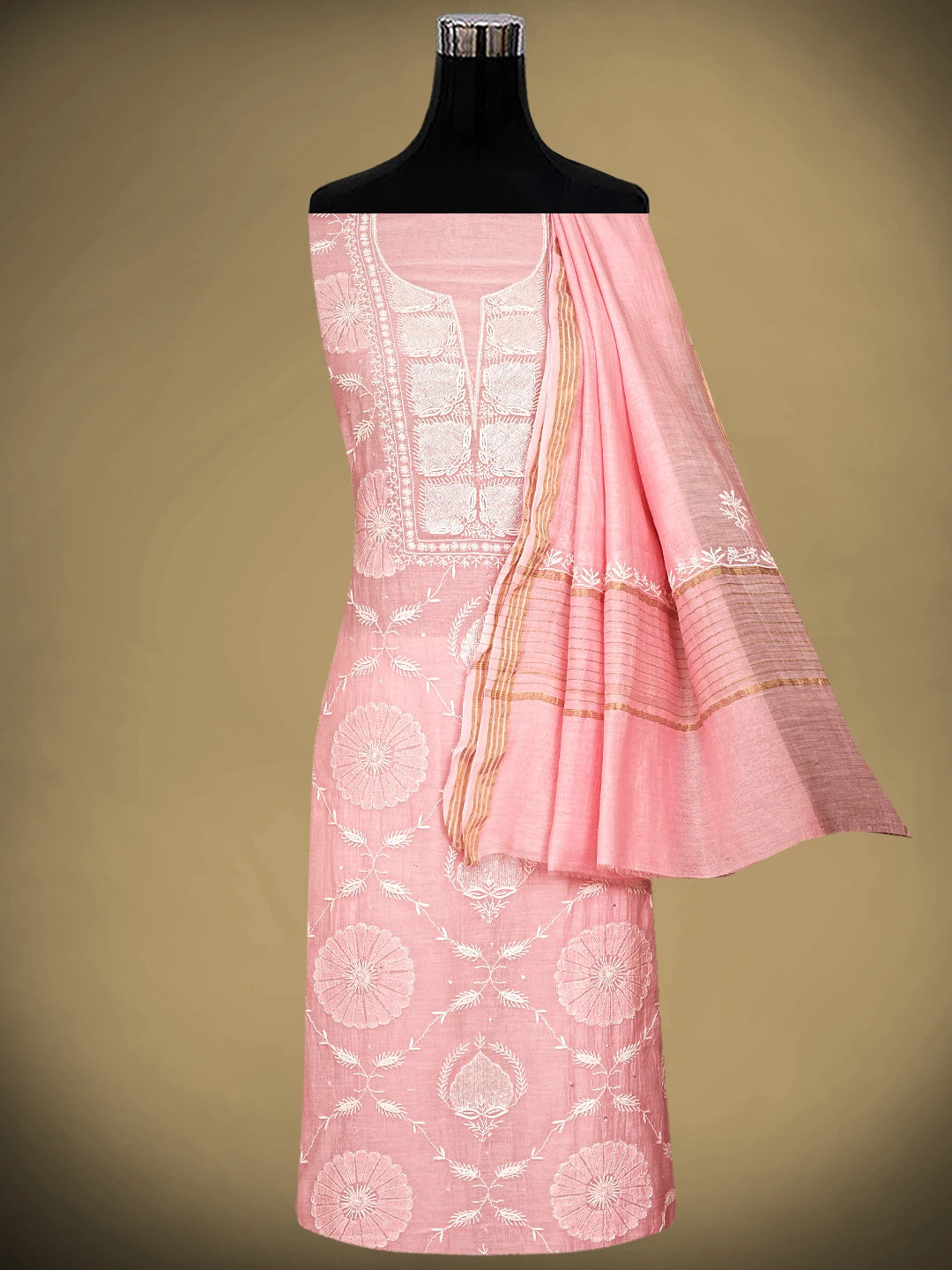 Ada Hand Embroidered Pink Chanderi Lucknowi Chikankari Unstitched Kurta Dupatta Set With Cutdana Work 01A922100