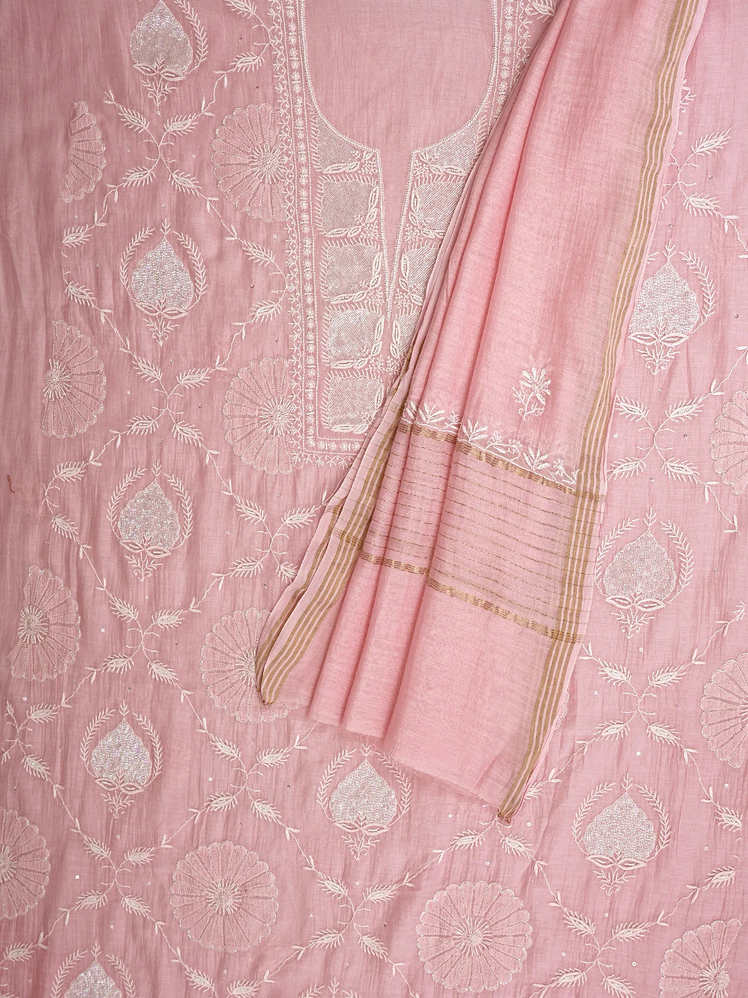 Ada Hand Embroidered Pink Chanderi Lucknowi Chikankari Unstitched Kurta Dupatta Set With Cutdana Work 01A922100