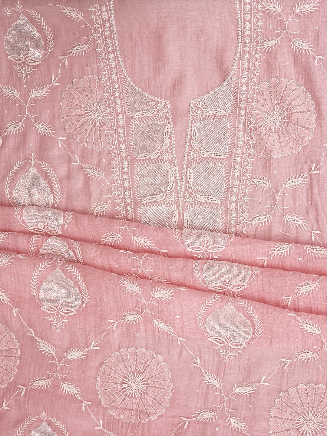 Ada Hand Embroidered Pink Chanderi Lucknowi Chikankari Unstitched Kurta Dupatta Set With Cutdana Work 01A922100