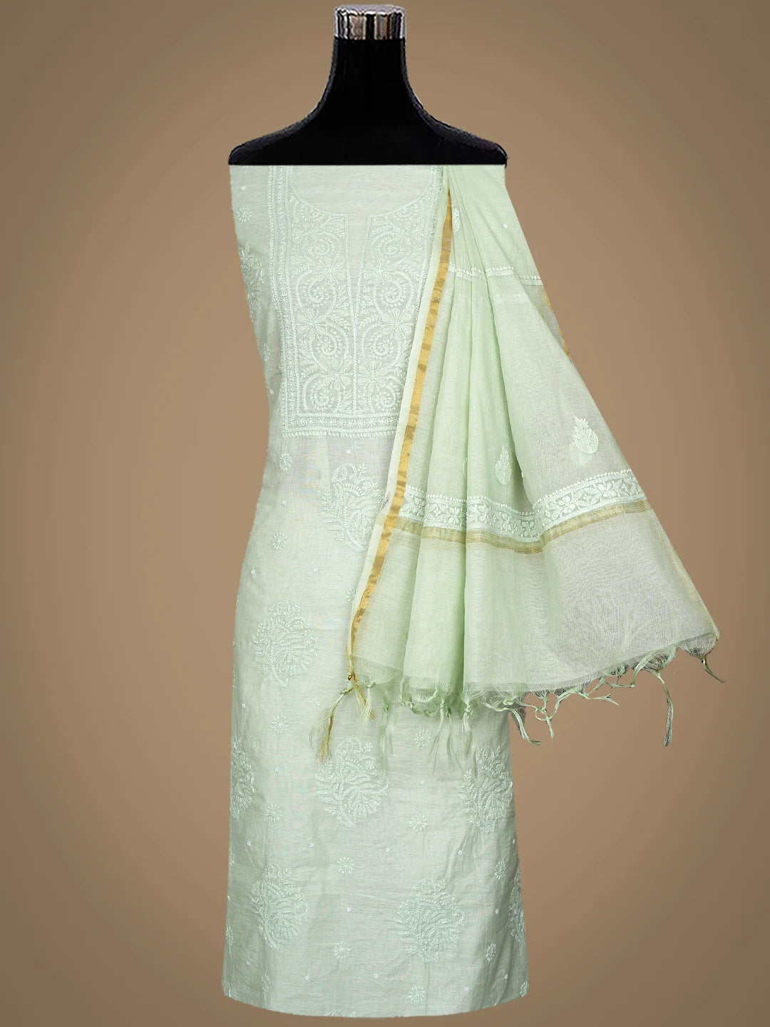 Ada Hand Embroidered Pastel Green Chanderi Lucknowi Chikankari Unstitched Suit Piece With Pearl Work 01A937519