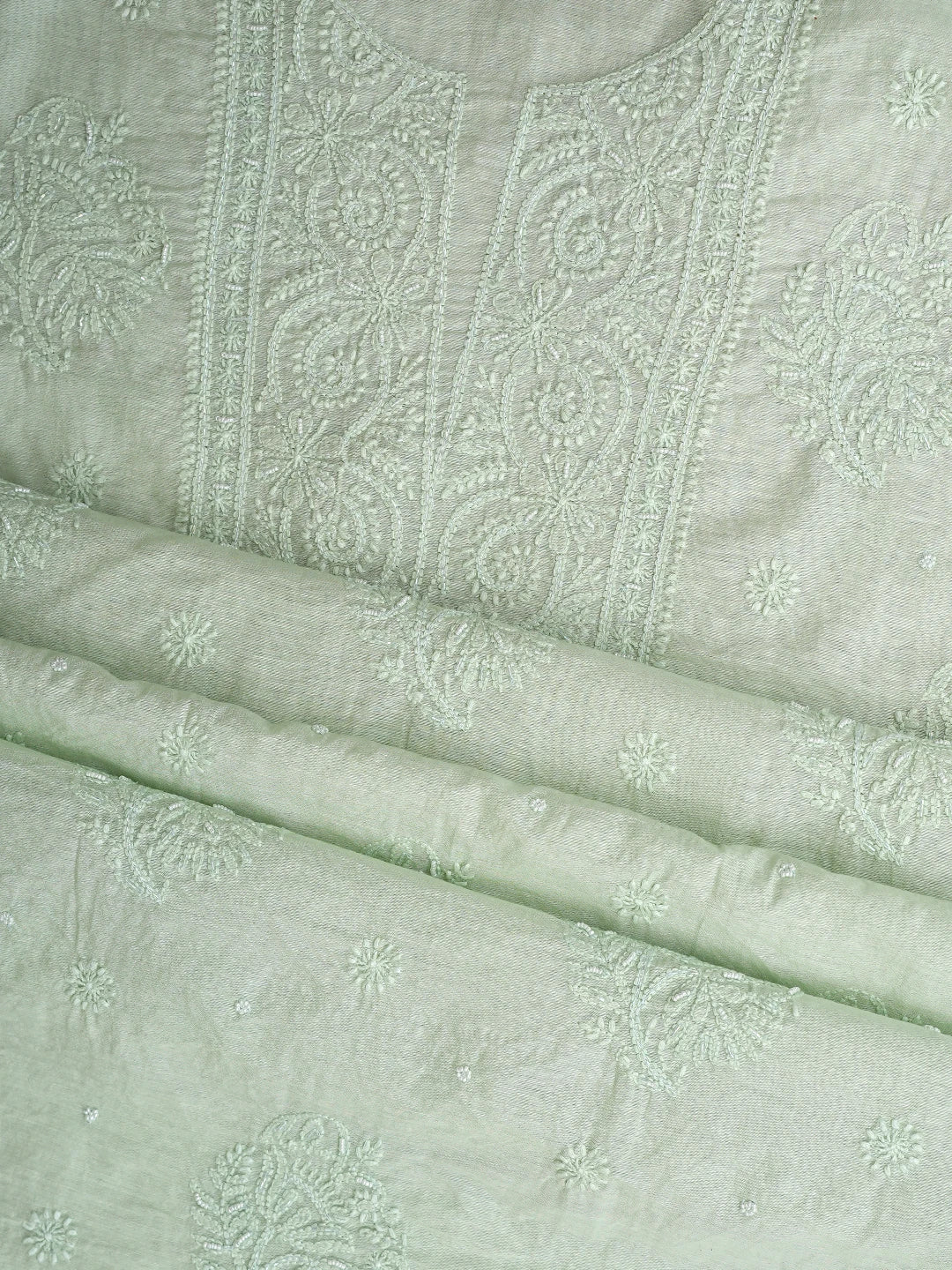 Ada Hand Embroidered Pastel Green Chanderi Lucknowi Chikankari Unstitched Suit Piece With Pearl Work 01A937519