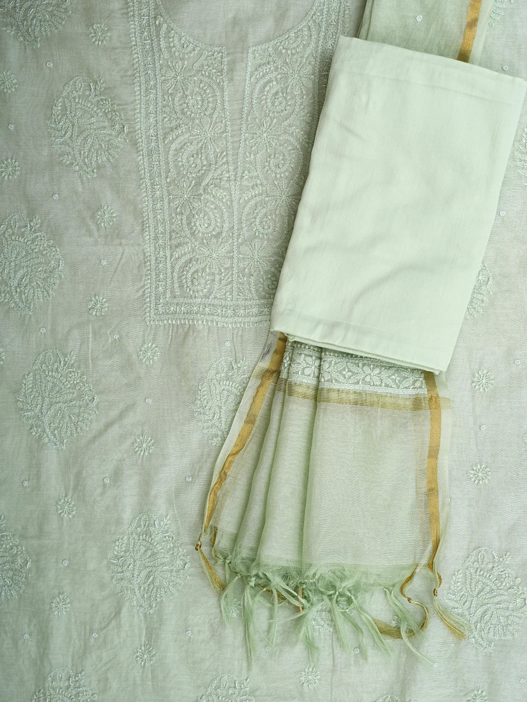 Ada Hand Embroidered Pastel Green Chanderi Lucknowi Chikankari Unstitched Suit Piece With Pearl Work 01A937519