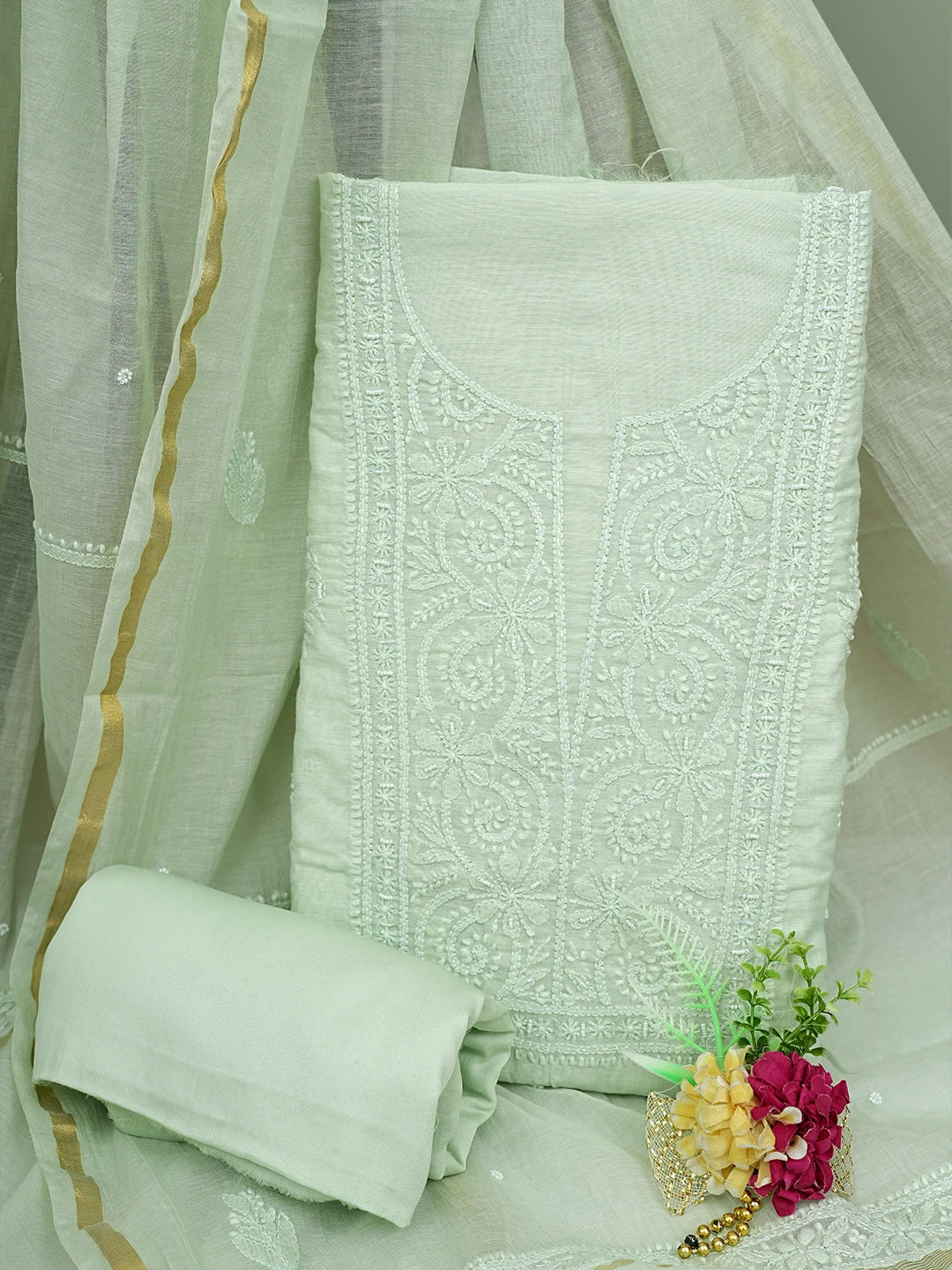 Ada Hand Embroidered Pastel Green Chanderi Lucknowi Chikankari Unstitched Suit Piece With Pearl Work 01A937519