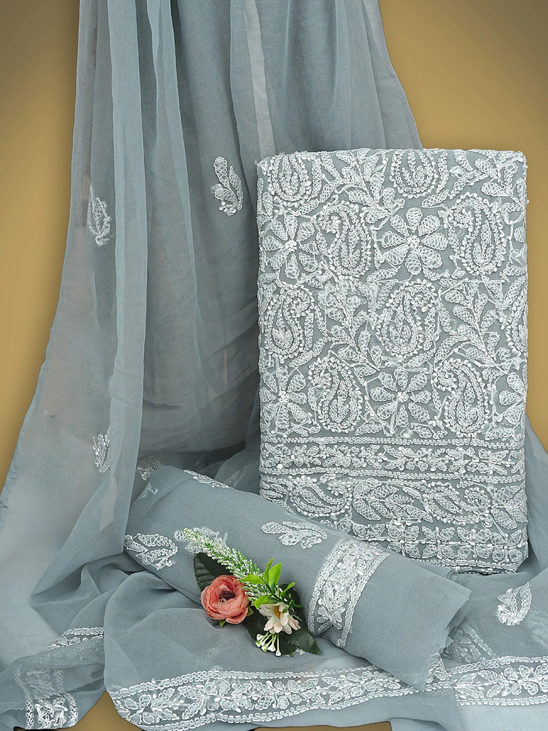 Ada Hand Embroidered Grey Georgette Lucknowi Chikankari Unstitched Suit Piece 01A907702