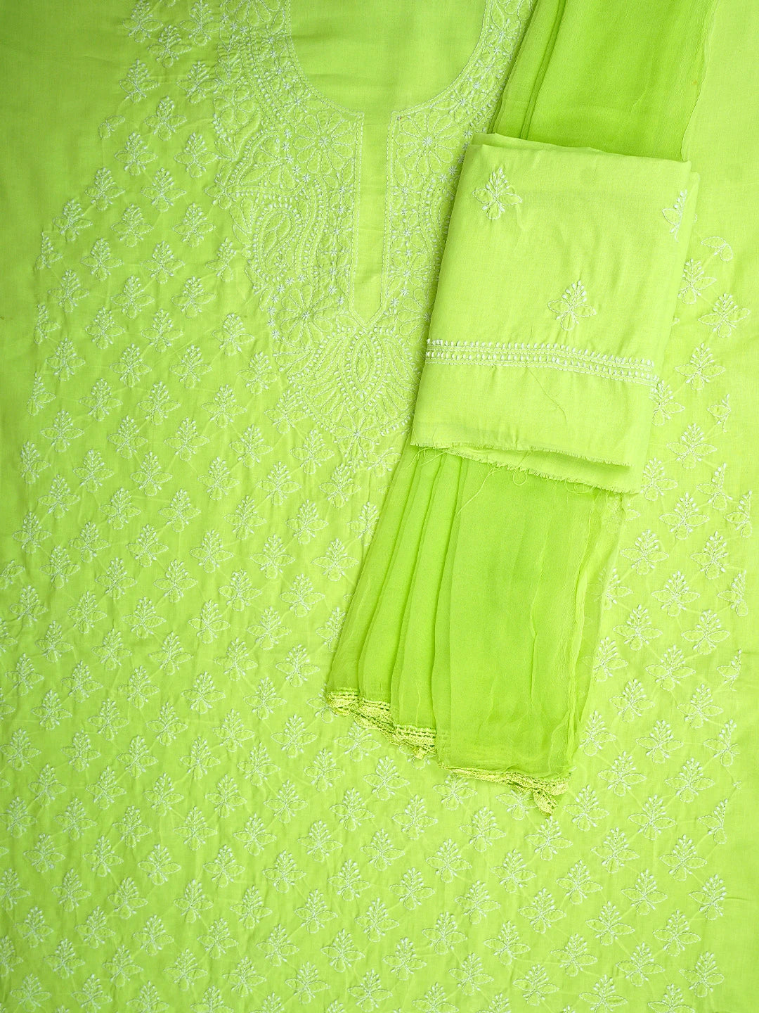 Ada Hand Embroidered Lime Green Cotton Lucknowi Chikankari Unstitched Suit Piece 01A867135