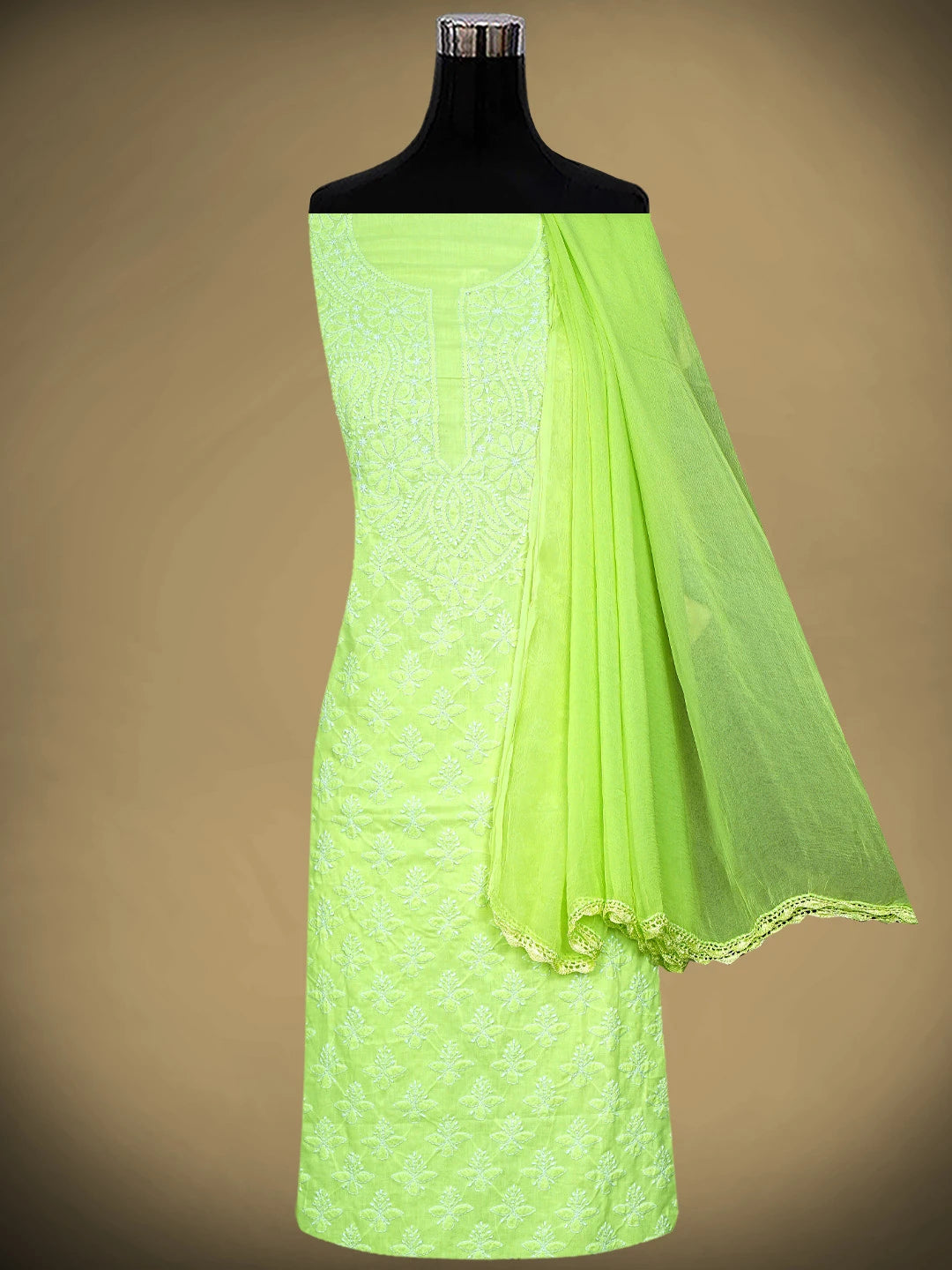 Ada Hand Embroidered Lime Green Cotton Lucknowi Chikankari Unstitched Suit Piece 01A867135