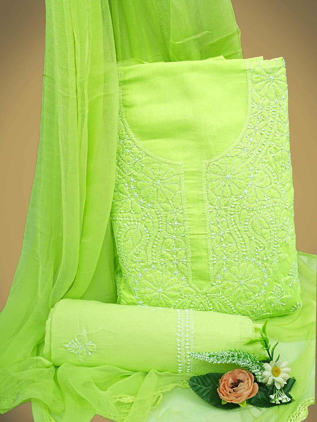 Ada Hand Embroidered Lime Green Cotton Lucknowi Chikankari Unstitched Suit Piece 01A867135