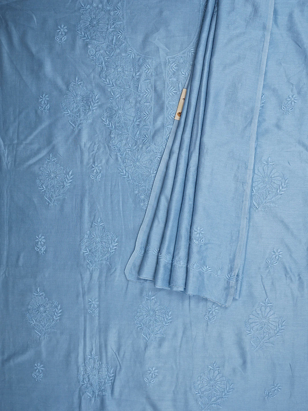 Ada Hand Embroidered Baby Blue Ice Chanderi Lucknowi Chikankari Unstitched Kurta Dupatta Set 01A932532