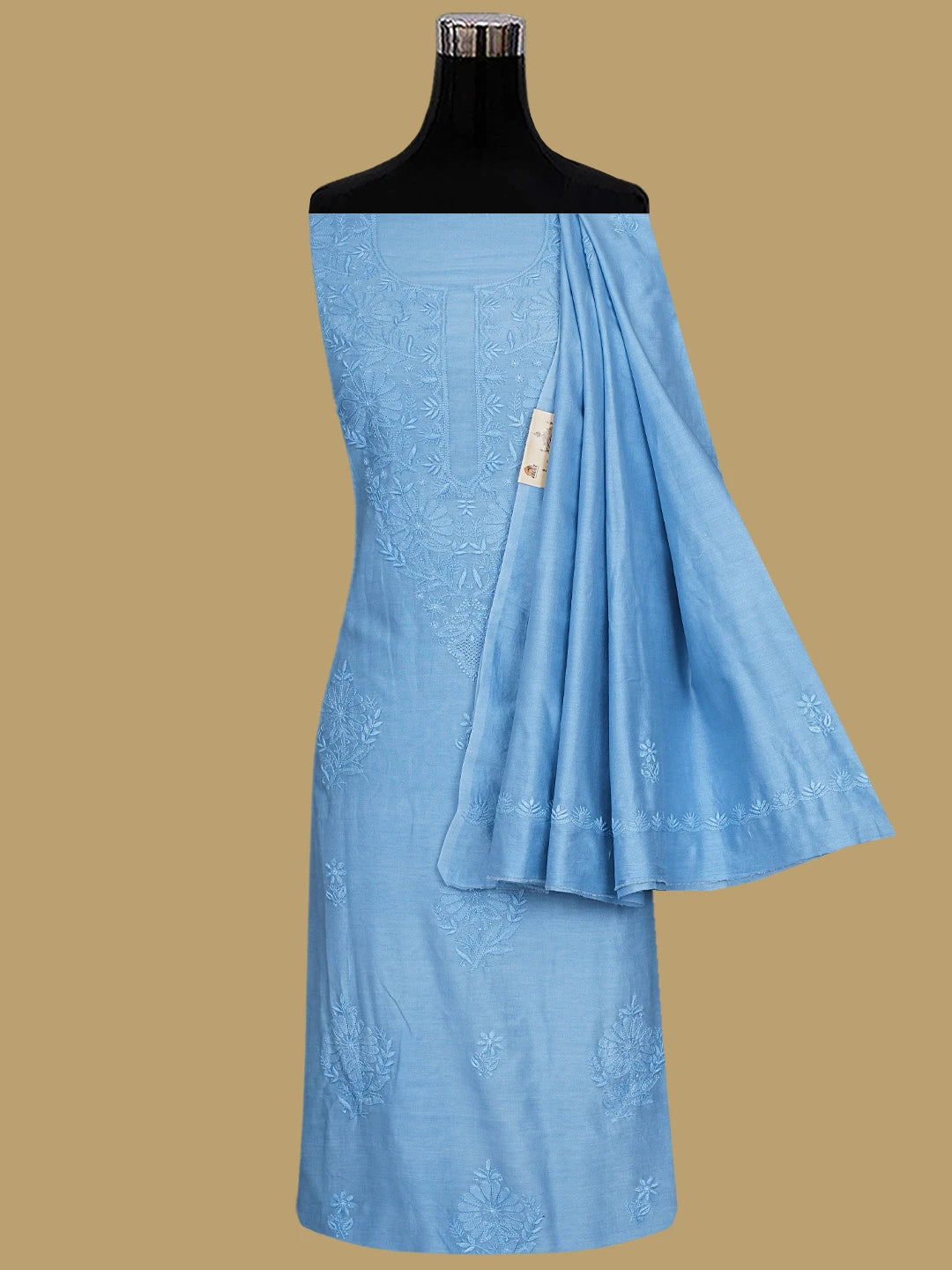 Ada Hand Embroidered Baby Blue Ice Chanderi Lucknowi Chikankari Unstitched Kurta Dupatta Set 01A932532