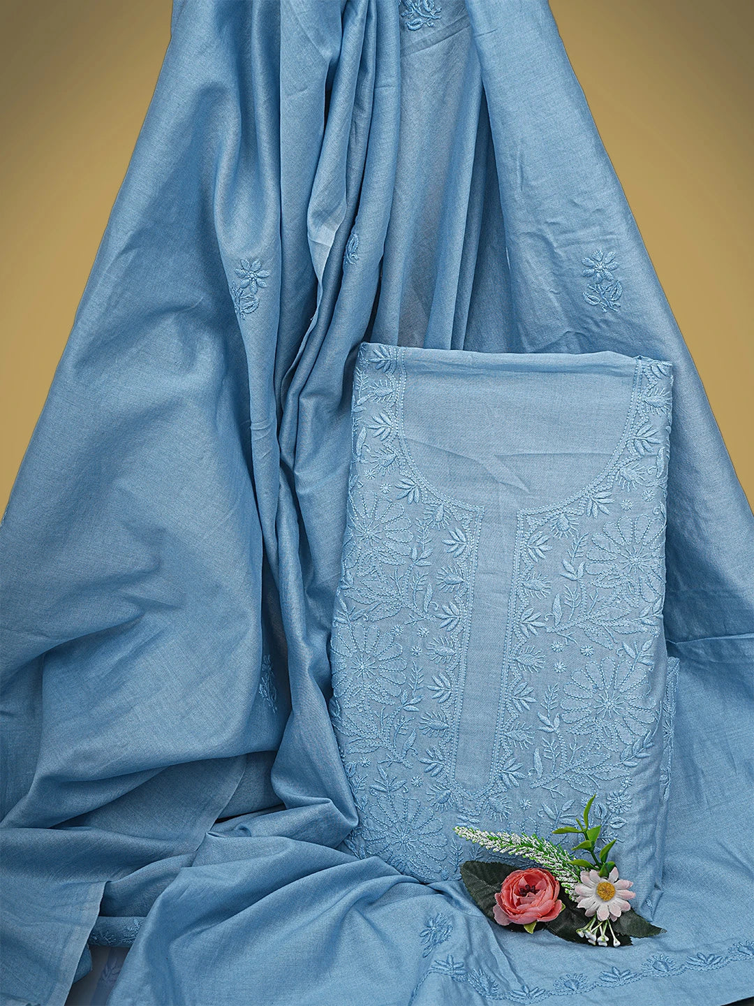 Ada Hand Embroidered Baby Blue Ice Chanderi Lucknowi Chikankari Unstitched Kurta Dupatta Set 01A932532