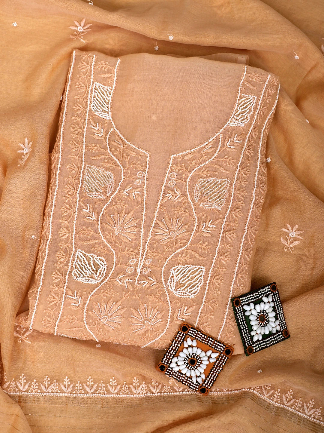 Ada Hand Embroidered Coral Glow Chanderi Lucknowi Chikankari Unstitched Kurta Dupatta Set With Pearl Work 01A777700