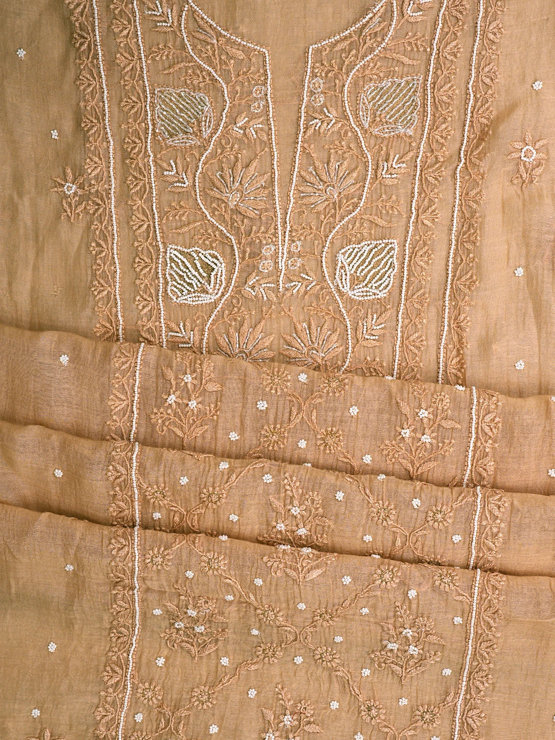 Ada Hand Embroidered Coral Glow Chanderi Lucknowi Chikankari Unstitched Kurta Dupatta Set With Pearl Work 01A777700