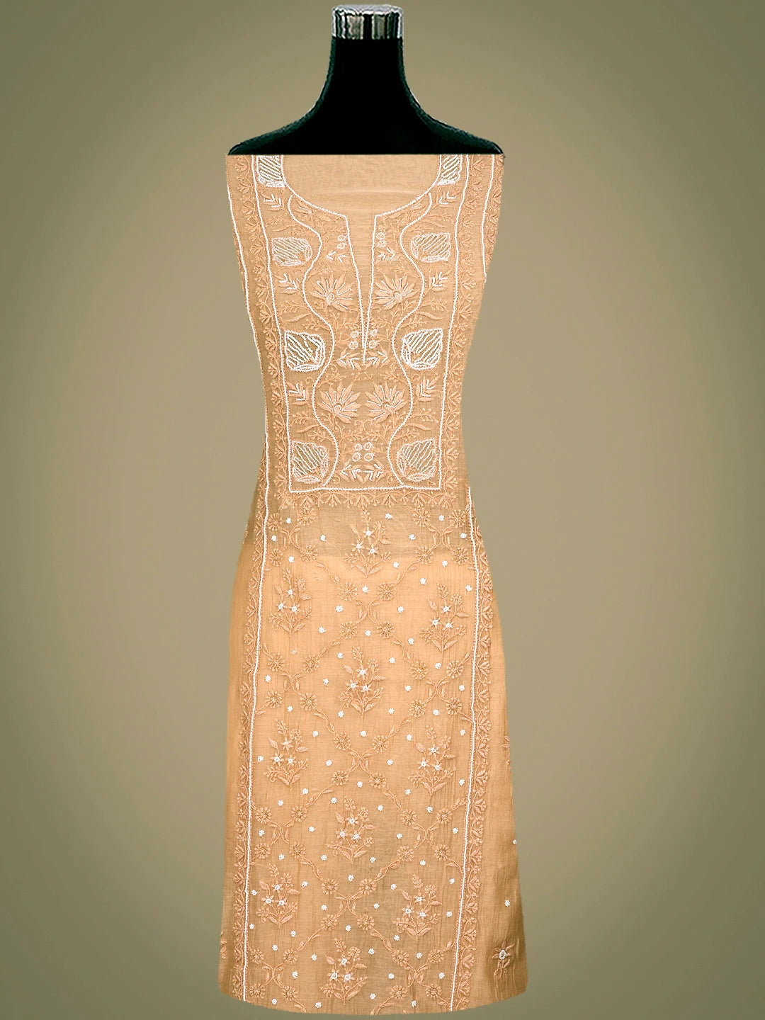 Ada Hand Embroidered Coral Glow Chanderi Lucknowi Chikankari Unstitched Kurta Dupatta Set With Pearl Work 01A777700