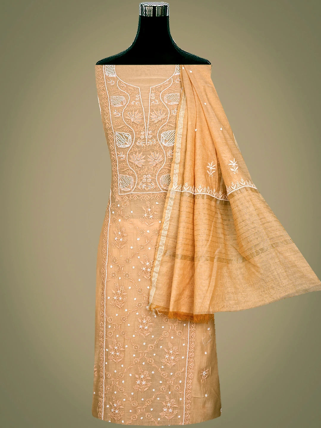 Ada Hand Embroidered Coral Glow Chanderi Lucknowi Chikankari Unstitched Kurta Dupatta Set With Pearl Work 01A777700