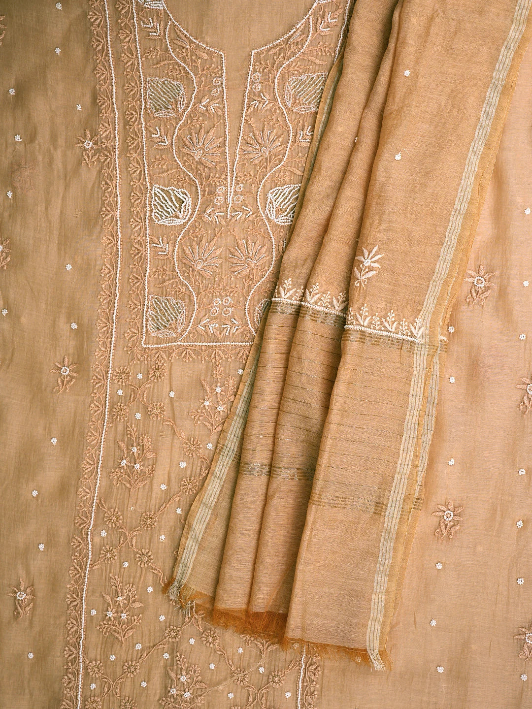 Ada Hand Embroidered Coral Glow Chanderi Lucknowi Chikankari Unstitched Kurta Dupatta Set With Pearl Work 01A777700