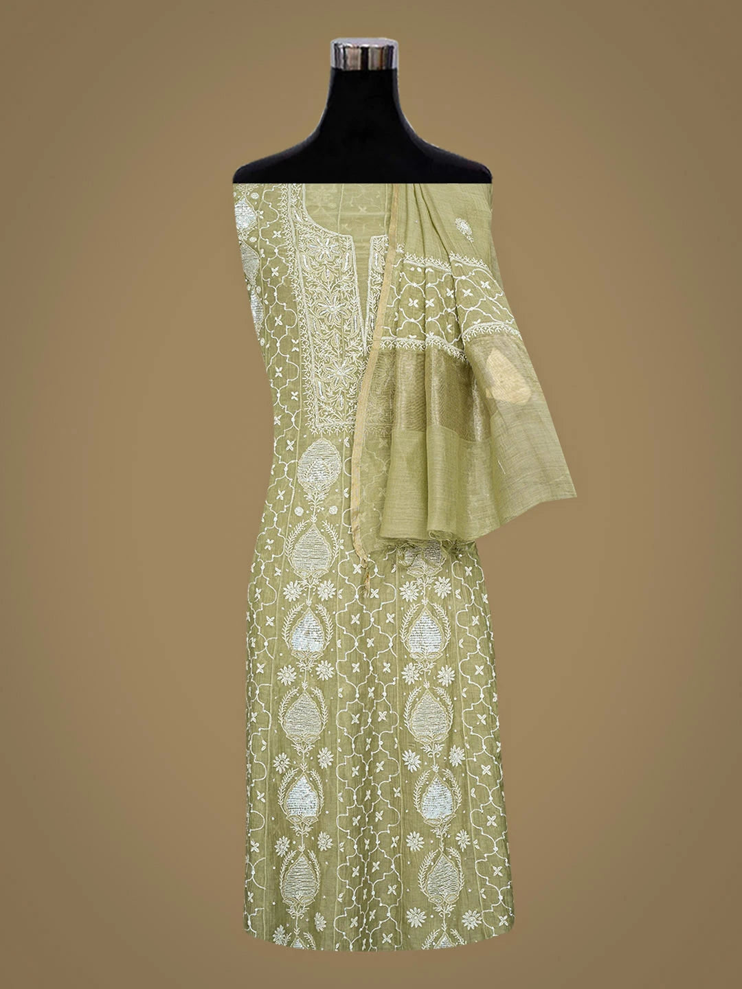 Ada Hand Embroidered Pista Green Chanderi Lucknowi Chikankari Semi-Stitched Anarkali Kurta Dupatta Set With Cutdana Work 01A935272
