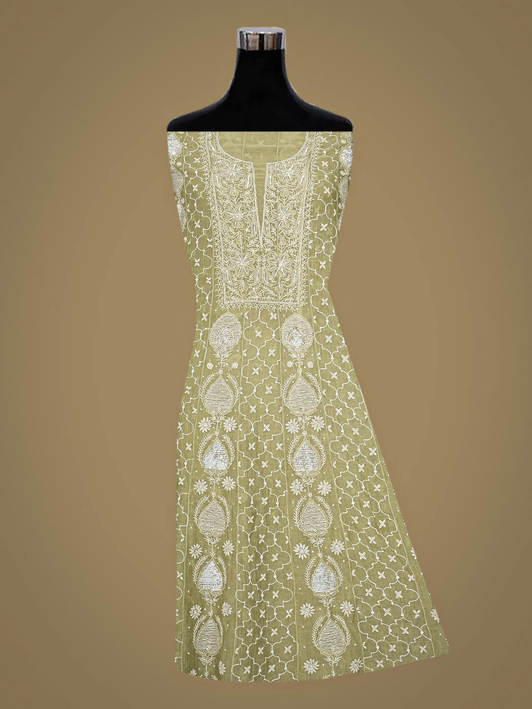 Ada Hand Embroidered Pista Green Chanderi Lucknowi Chikankari Semi-Stitched Anarkali Kurta Dupatta Set With Cutdana Work 01A935272