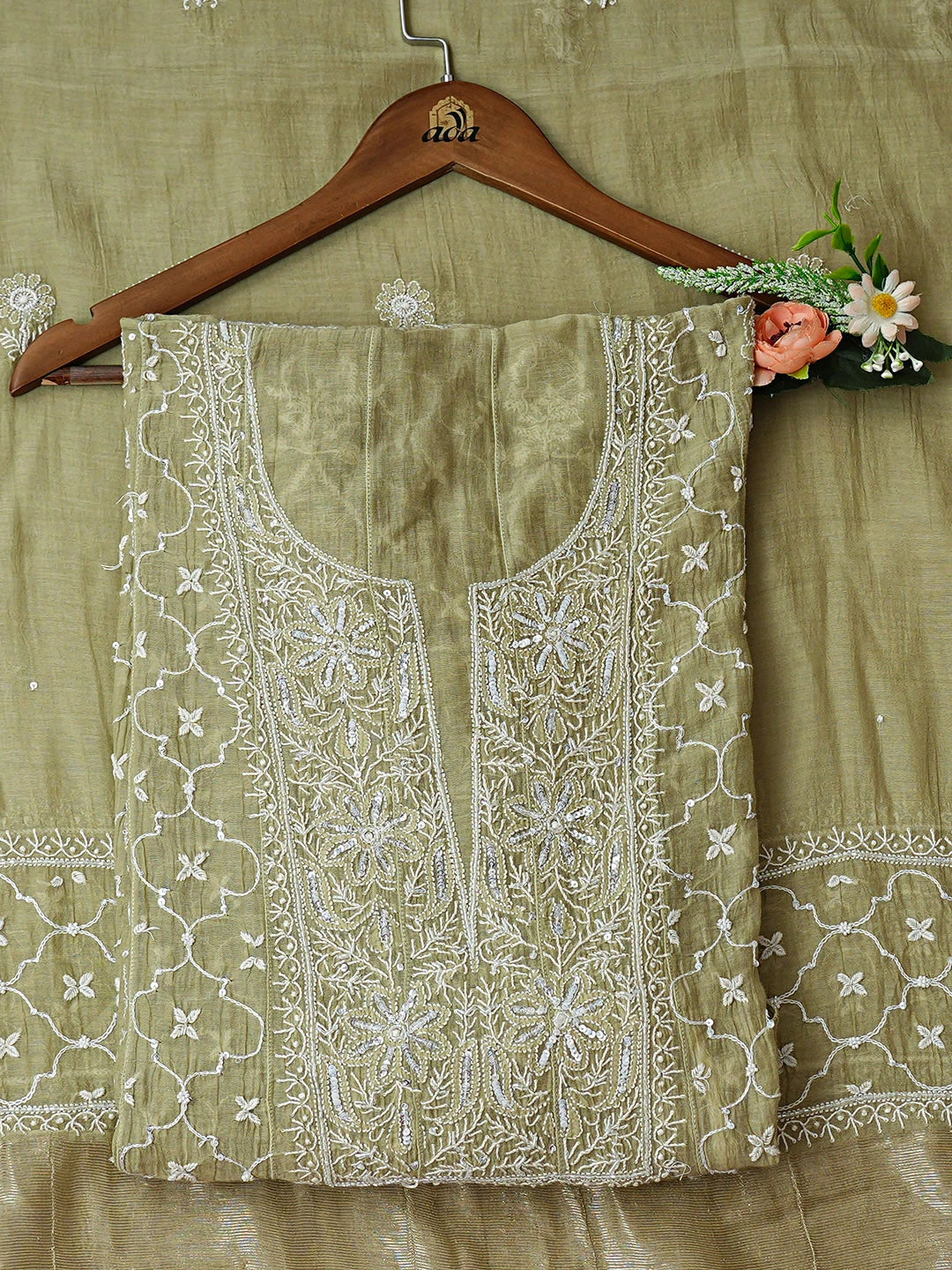 Ada Hand Embroidered Pista Green Chanderi Lucknowi Chikankari Semi-Stitched Anarkali Kurta Dupatta Set With Cutdana Work 01A935272