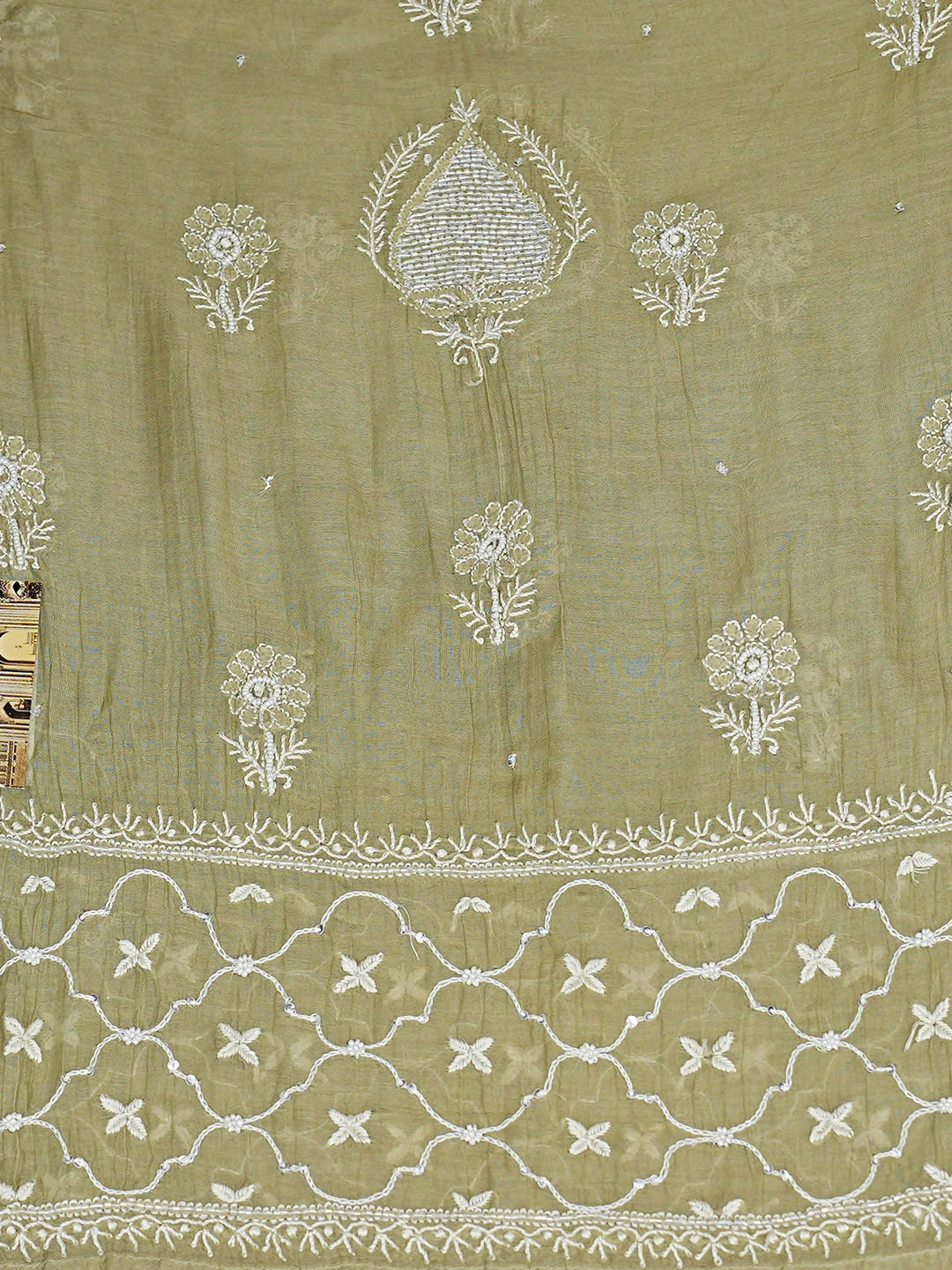 Ada Hand Embroidered Pista Green Chanderi Lucknowi Chikankari Semi-Stitched Anarkali Kurta Dupatta Set With Cutdana Work 01A935272
