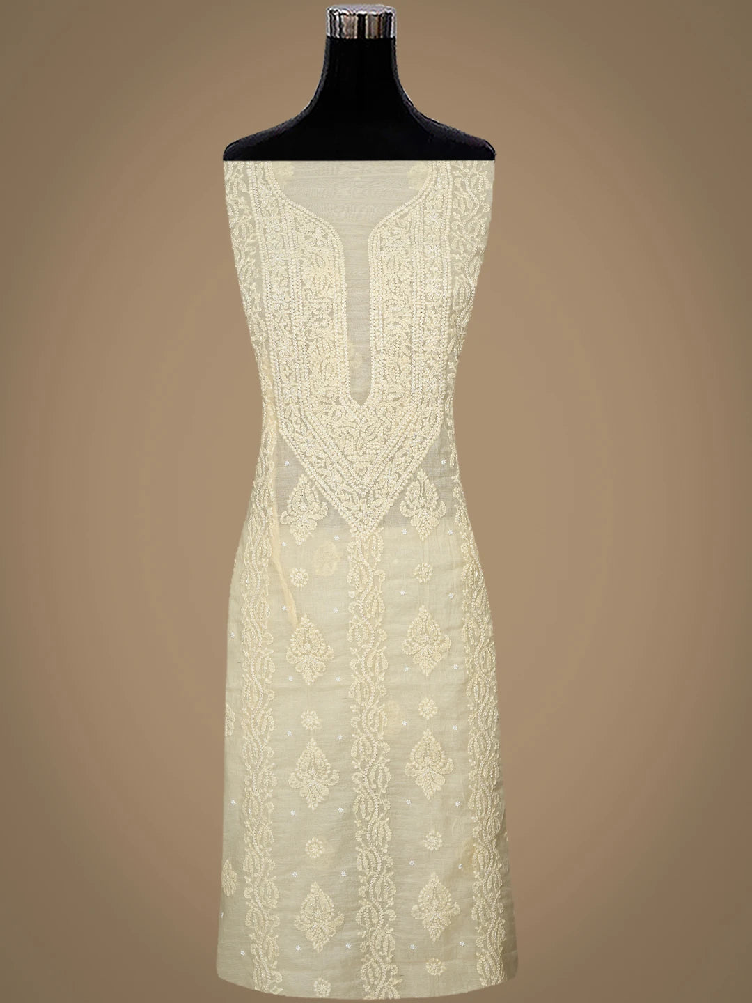 Ada Hand Embroidered Beige Chanderi Lucknowi Chikankari Unstitched Suit Piece With Cutdana Work 01A937520