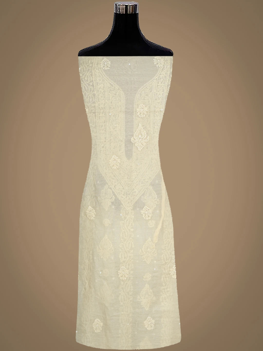 Ada Hand Embroidered Beige Chanderi Lucknowi Chikankari Unstitched Suit Piece With Cutdana Work 01A937520