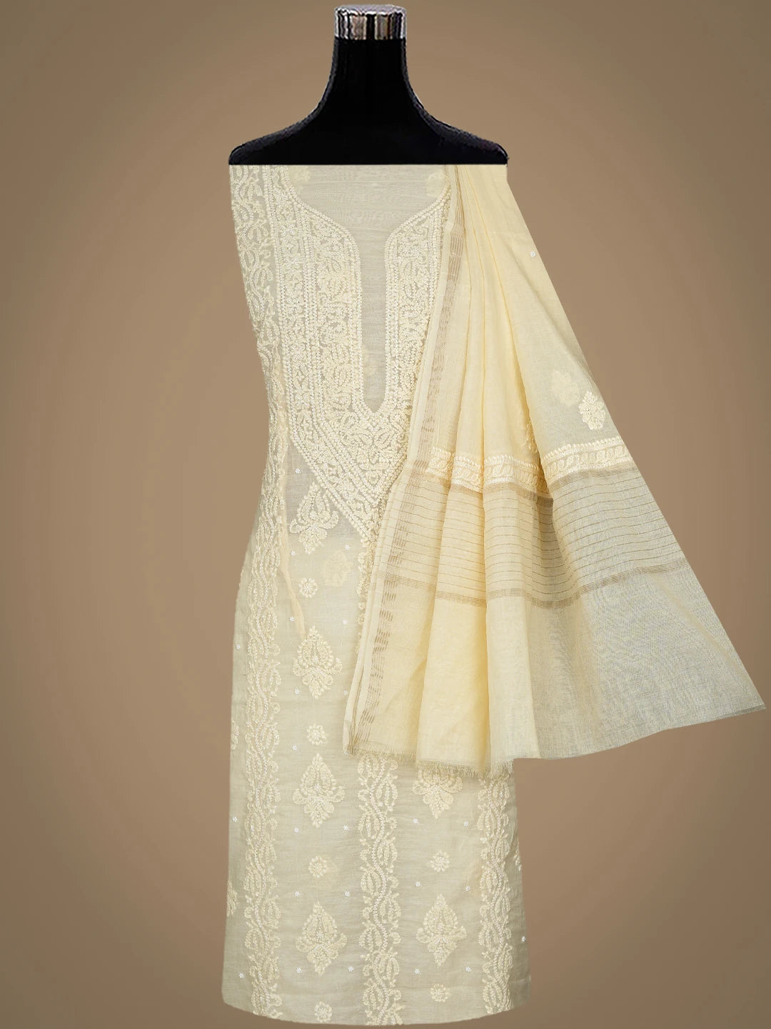Ada Hand Embroidered Beige Chanderi Lucknowi Chikankari Unstitched Suit Piece With Cutdana Work 01A937520