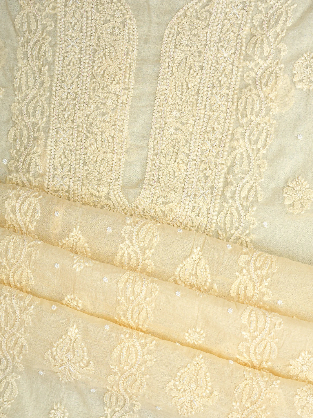Ada Hand Embroidered Beige Chanderi Lucknowi Chikankari Unstitched Suit Piece With Cutdana Work 01A937520