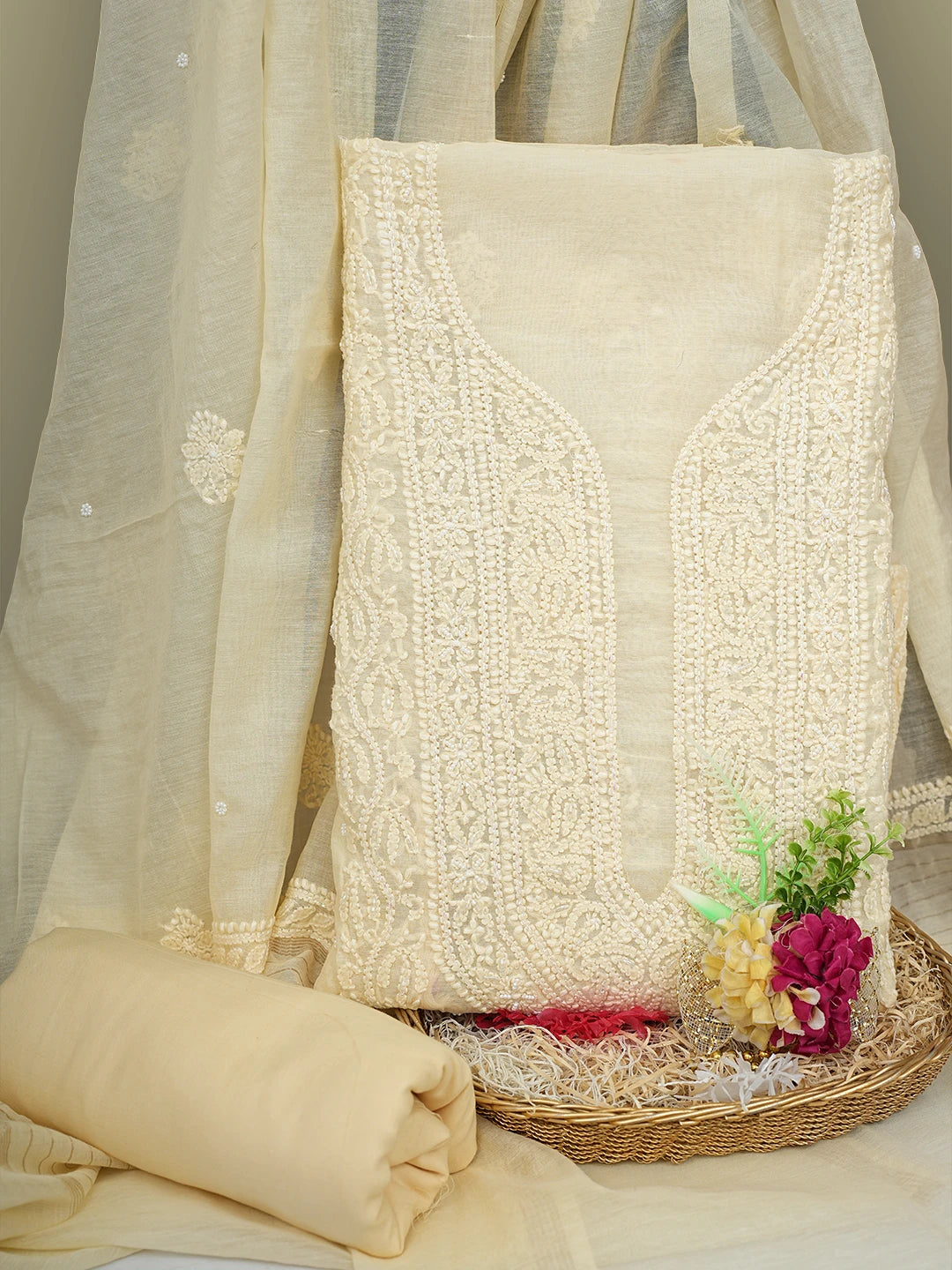 Ada Hand Embroidered Beige Chanderi Lucknowi Chikankari Unstitched Suit Piece With Cutdana Work 01A937520