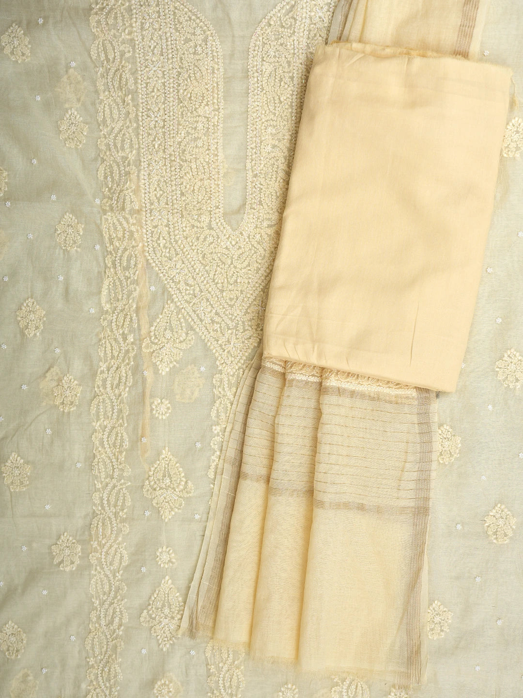 Ada Hand Embroidered Beige Chanderi Lucknowi Chikankari Unstitched Suit Piece With Cutdana Work 01A937520