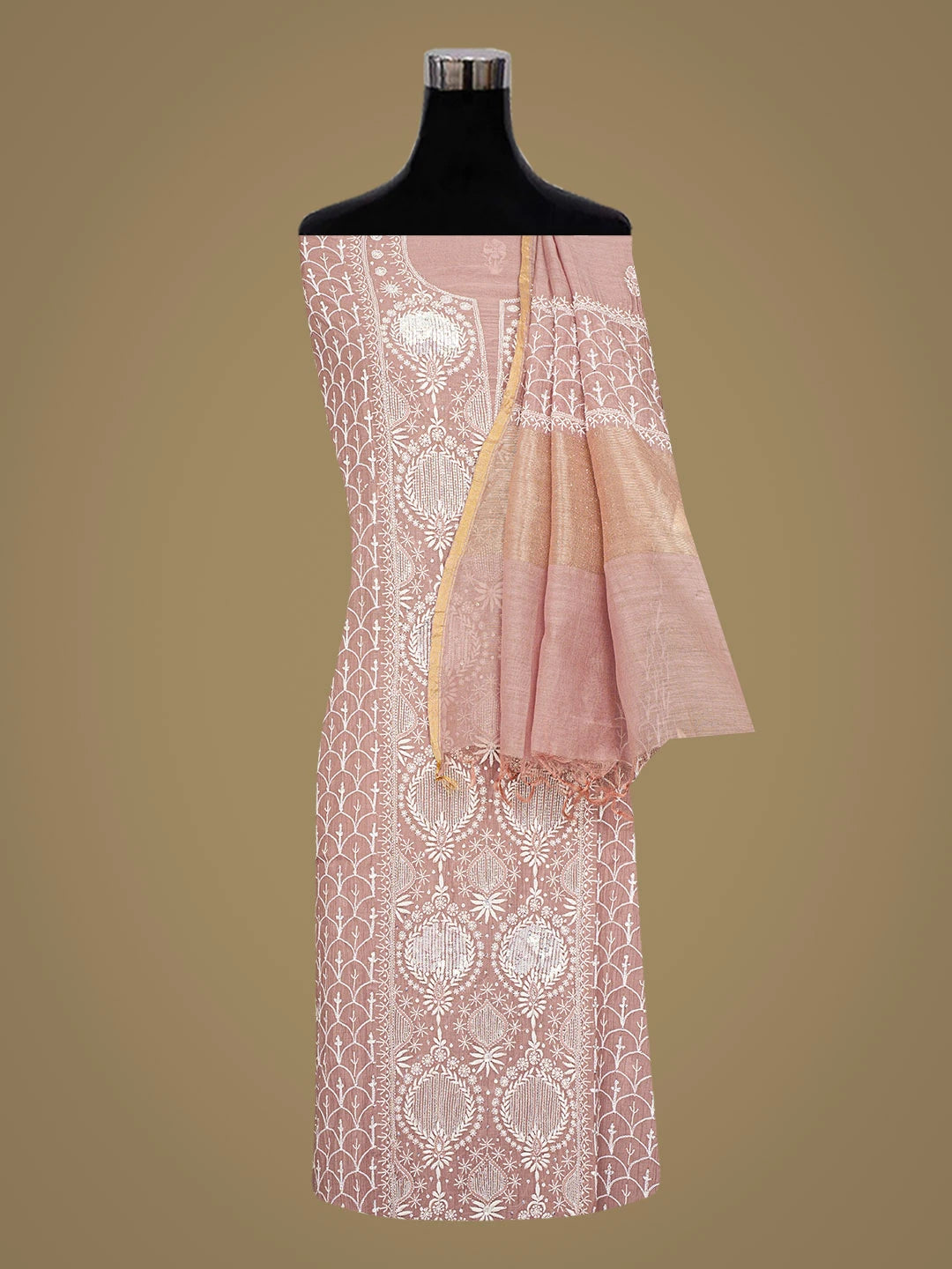 Ada Hand Embroidered Dusty Peach Chanderi Lucknowi Chikankari Semi-Stitched Kurta Dupatta Set With Cutdana Work 01A935504