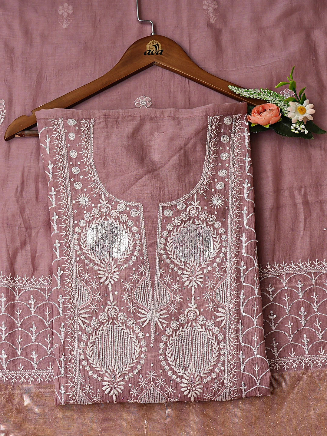 Ada Hand Embroidered Dusty Peach Chanderi Lucknowi Chikankari Semi-Stitched Kurta Dupatta Set With Cutdana Work 01A935504