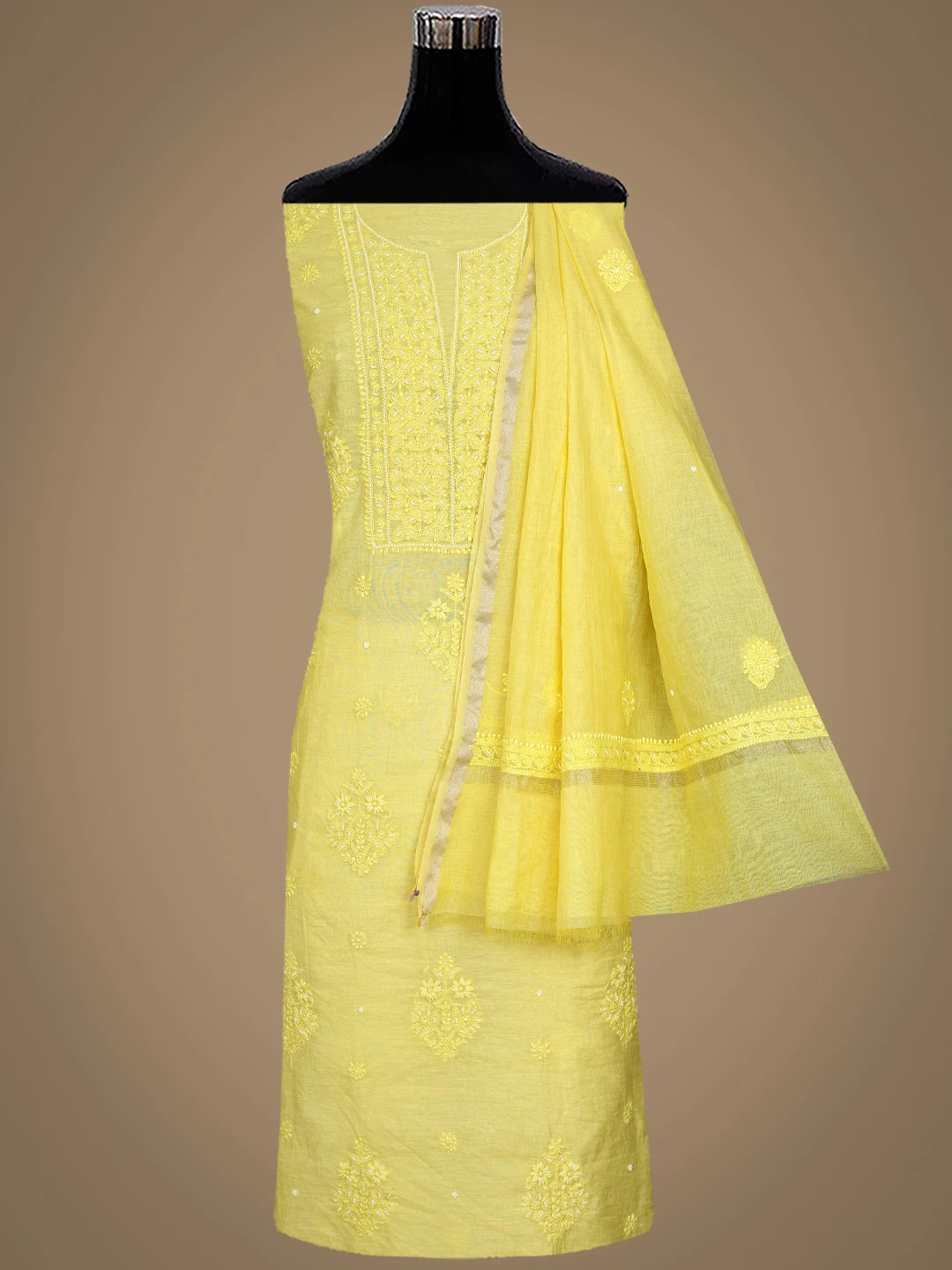 Ada Hand Embroidered Mustard Yellow Chanderi Lucknowi Chikankari Unstitched Suit Piece With Pearl Work 01A937470