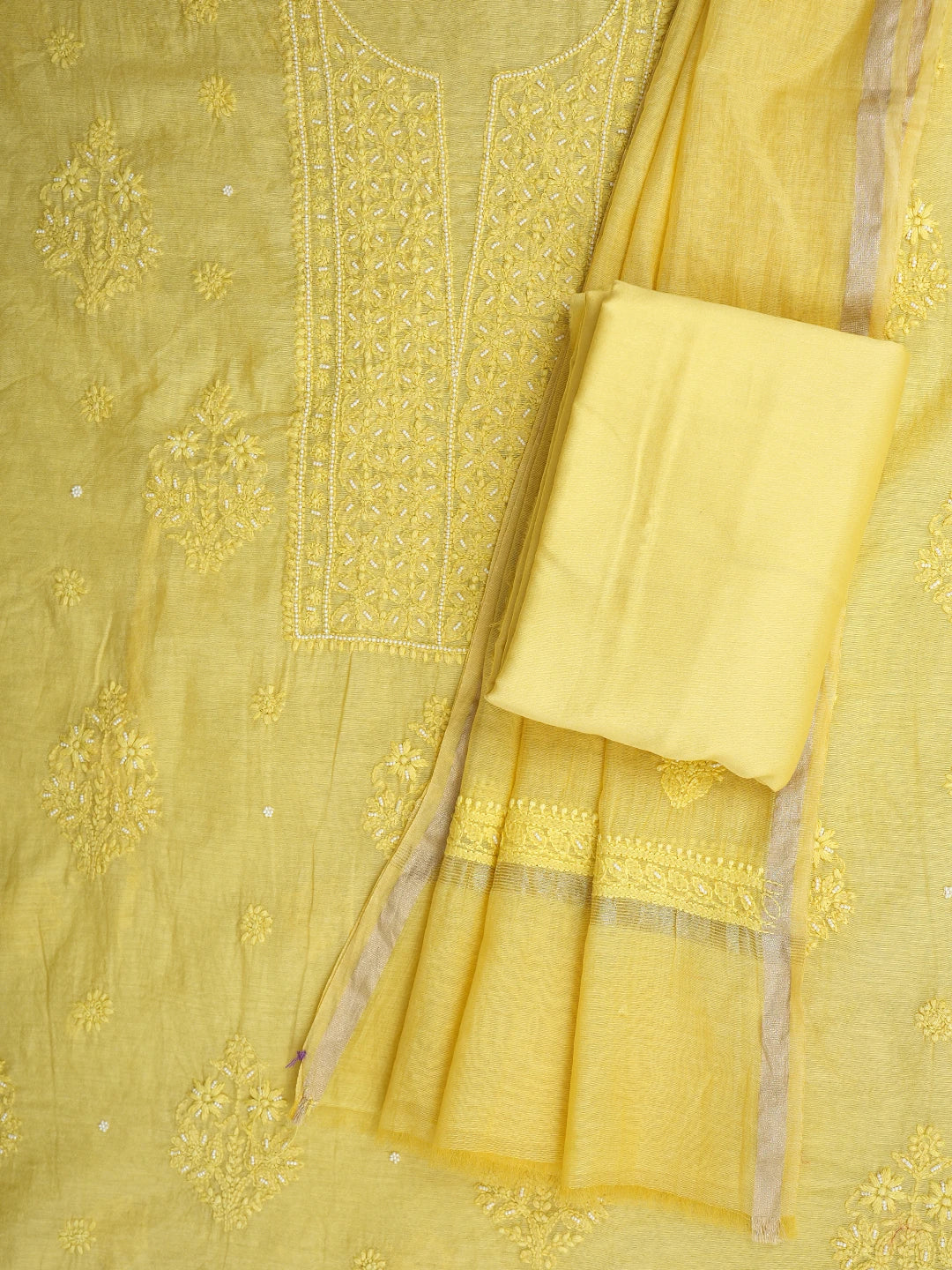 Ada Hand Embroidered Mustard Yellow Chanderi Lucknowi Chikankari Unstitched Suit Piece With Pearl Work 01A937470