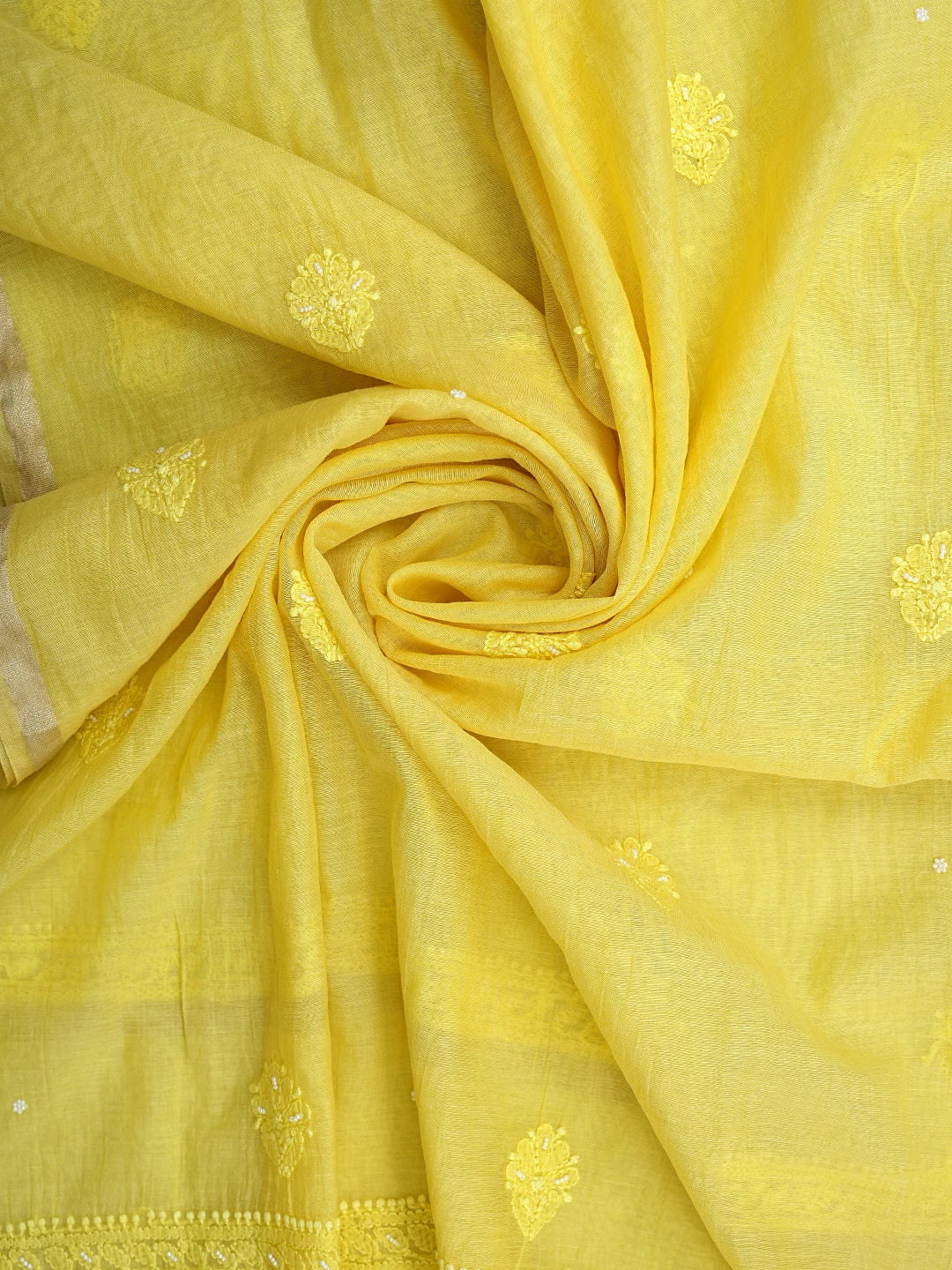 Ada Hand Embroidered Mustard Yellow Chanderi Lucknowi Chikankari Unstitched Suit Piece With Pearl Work 01A937470