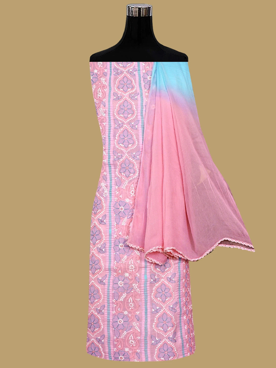 Ada Hand Embroidered Pink Cotton Lucknowi Chikankari Unstitched Suit Piece 01A821865