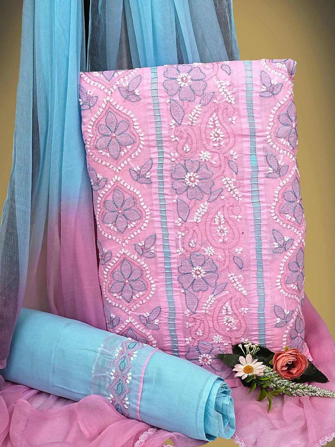 Ada Hand Embroidered Pink Cotton Lucknowi Chikankari Unstitched Suit Piece 01A821865