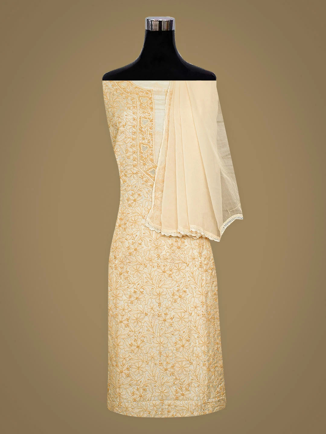 Ada Hand Embroidered Fawn Silk Lucknowi Chikankari Unstitched Suit Piece with Chiffon Dupatta 01A934885