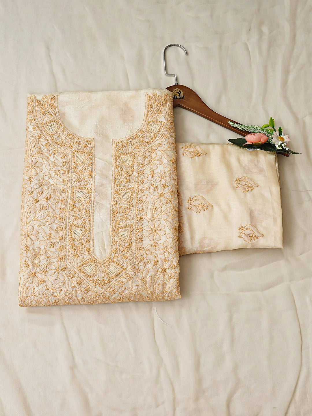 Ada Hand Embroidered Fawn Silk Lucknowi Chikankari Unstitched Suit Piece with Chiffon Dupatta 01A934885