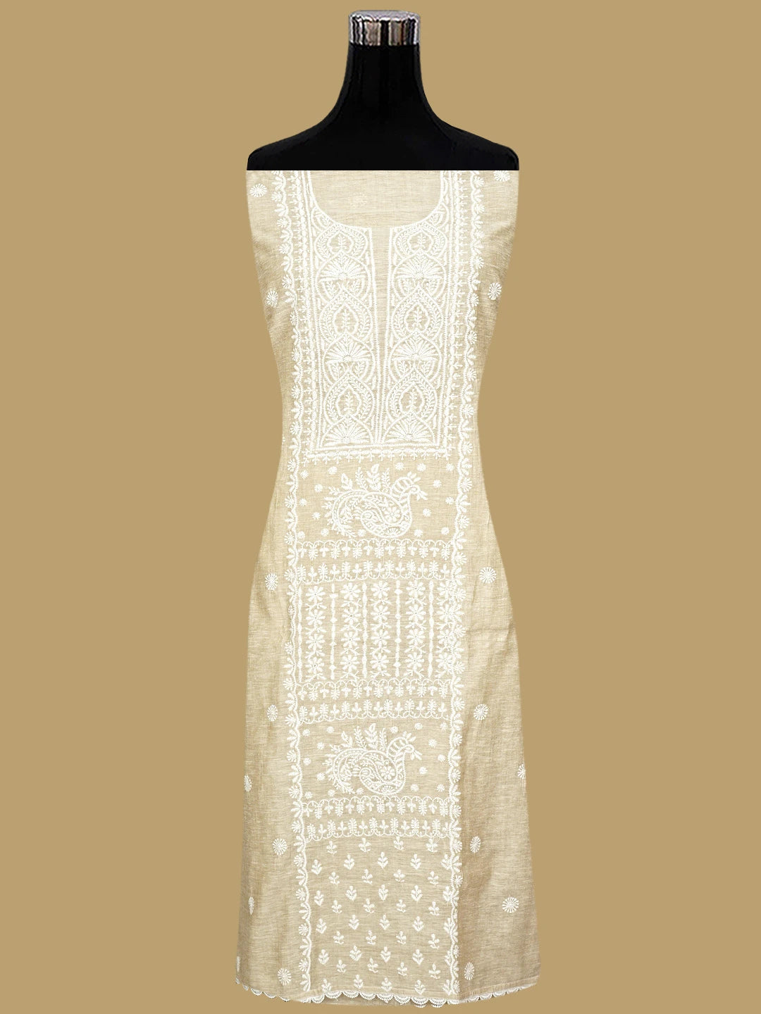 Ada Hand Embroidered Fawn Khadi Chanderi Lucknowi Chikankari Semi-Stitched Kurta Dupatta Set 01A937459