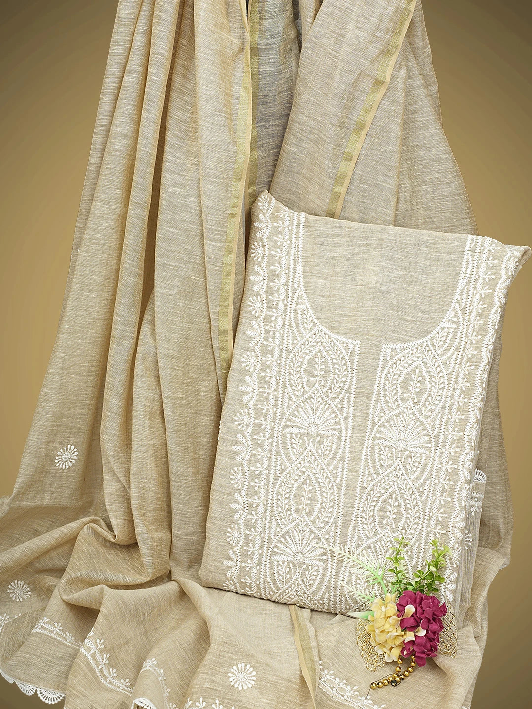 Ada Hand Embroidered Fawn Khadi Chanderi Lucknowi Chikankari Semi-Stitched Kurta Dupatta Set 01A937459