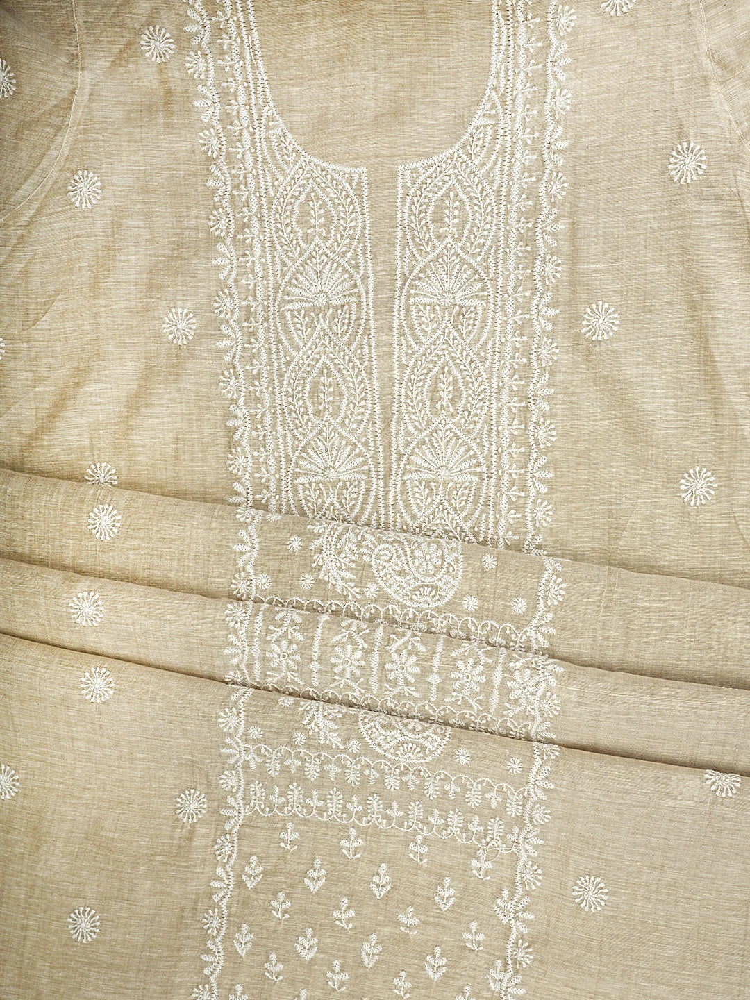 Ada Hand Embroidered Fawn Khadi Chanderi Lucknowi Chikankari Semi-Stitched Kurta Dupatta Set 01A937459