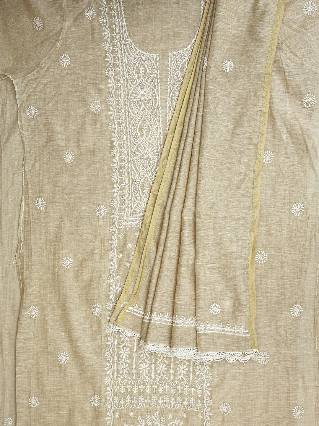 Ada Hand Embroidered Fawn Khadi Chanderi Lucknowi Chikankari Semi-Stitched Kurta Dupatta Set 01A937459