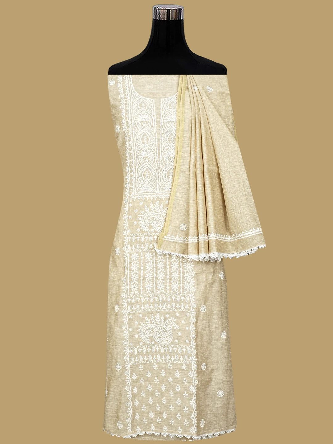 Ada Hand Embroidered Fawn Khadi Chanderi Lucknowi Chikankari Semi-Stitched Kurta Dupatta Set 01A937459