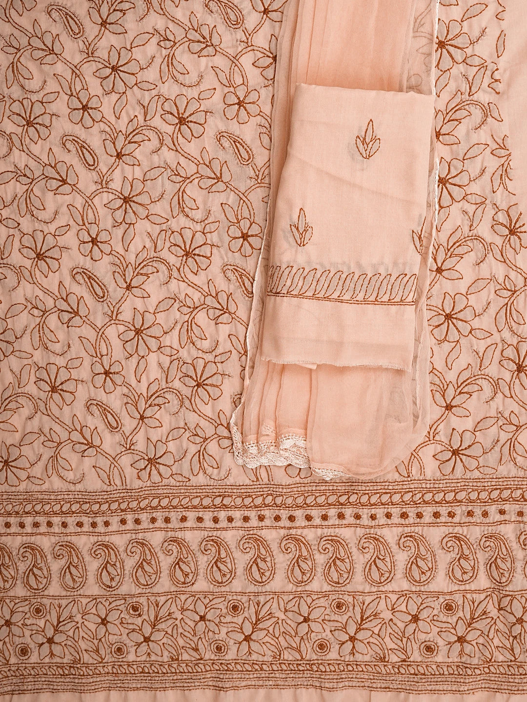 Ada Hand Embroidered Light Salmon Peach Cotton Lucknowi Chikankari Unstitched Suit Piece 01A905078