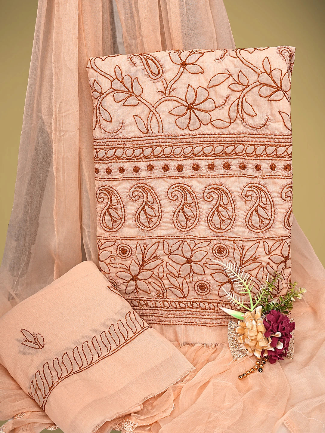Ada Hand Embroidered Light Salmon Peach Cotton Lucknowi Chikankari Unstitched Suit Piece 01A905078