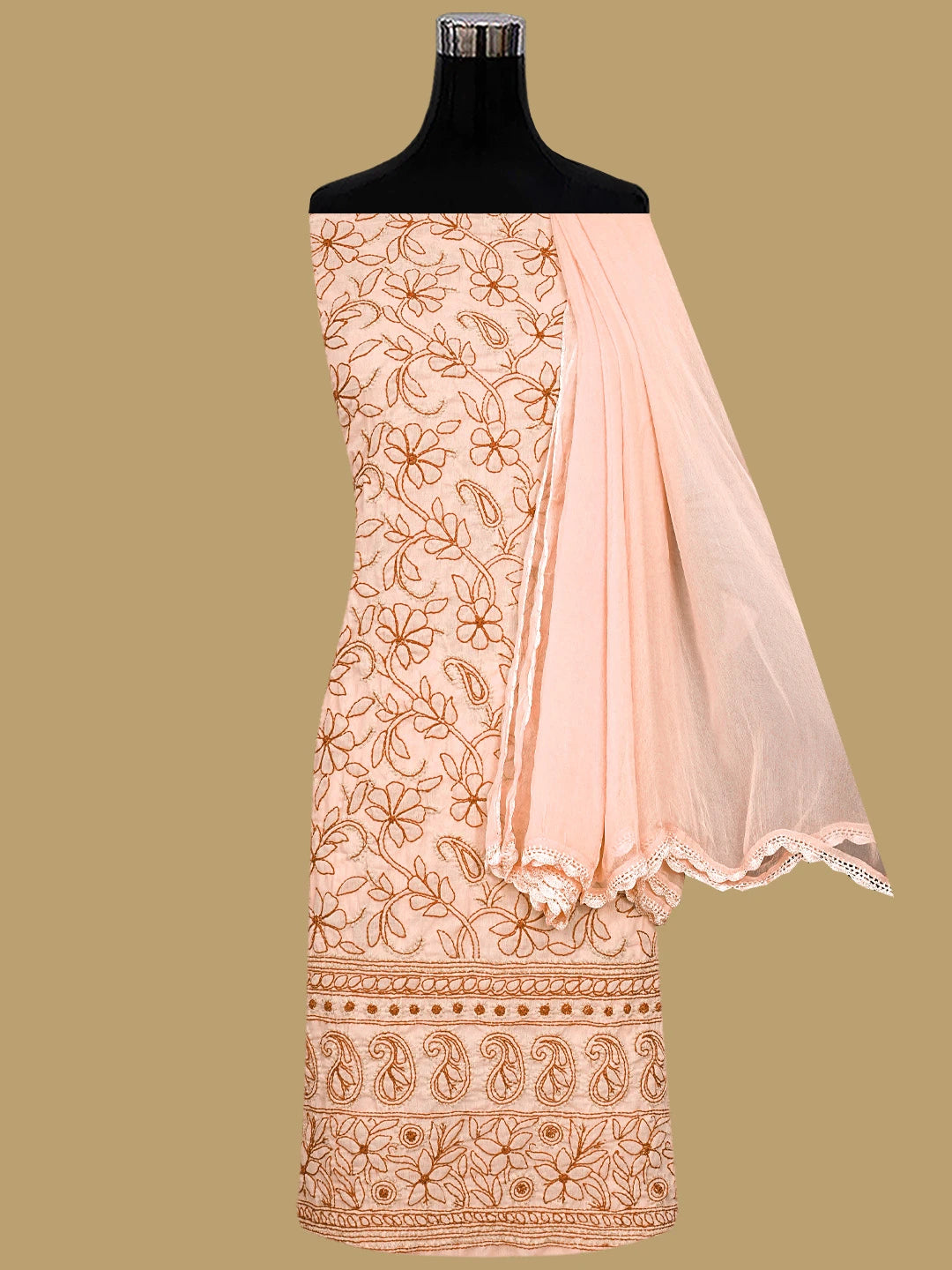 Ada Hand Embroidered Light Salmon Peach Cotton Lucknowi Chikankari Unstitched Suit Piece 01A905078
