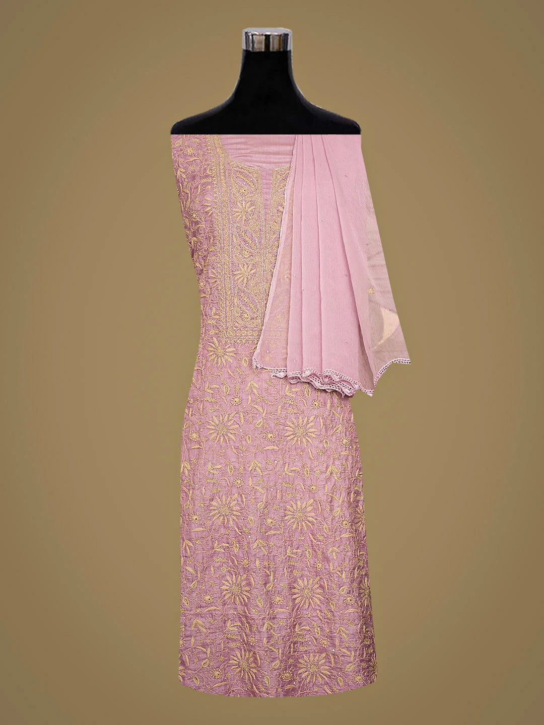 Ada Hand Embroidered Lavender Silk Lucknowi Chikankari Unstitched Suit Piece with Zari Work 01A869878